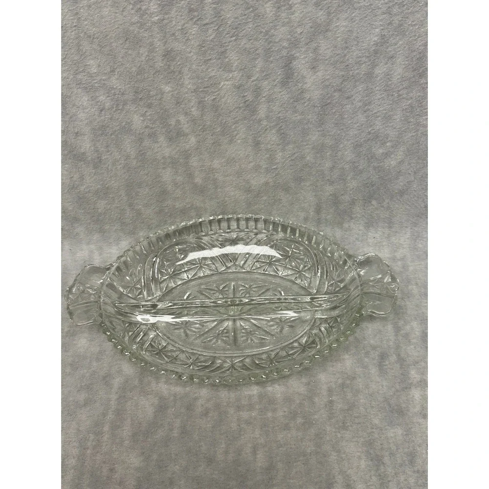 Vintage Relish‎ Dish Clear Divided Starburst Pattern Scalloped Tab Handles